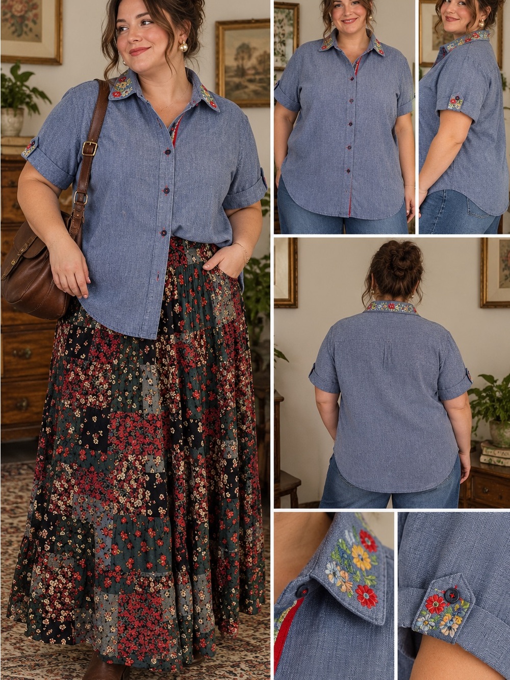 Koret Gray-Blue Embroidered Collar Button-Down Shirt 100% cotton